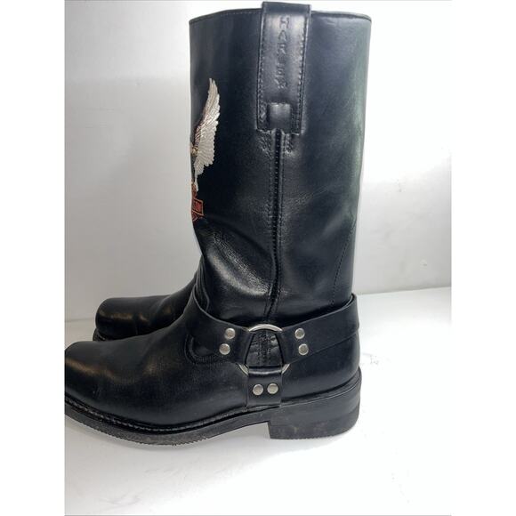 Harley Davidson Black Leather Boots Harness Embroider Eagle Logo SQ Toe- Men’s 9 - Picture 4 of 12